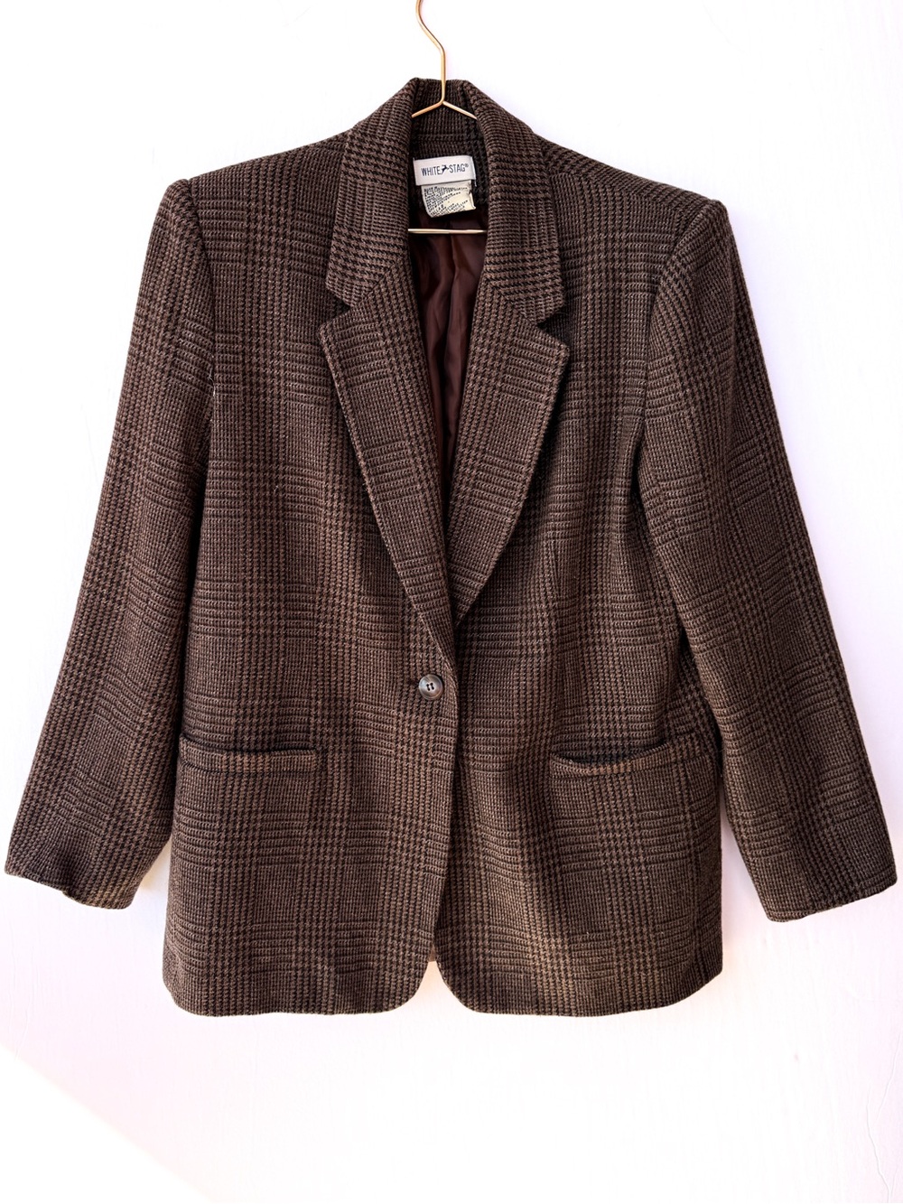 Vintage White Stag Brown Houndstooth Plaid Wool Blend Blazer 8